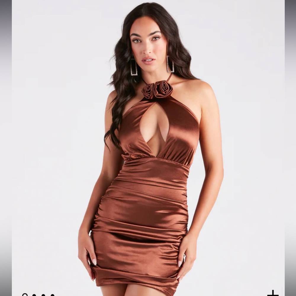brown bodycon ruched rosette with keyhole mini dress NWT new with tags